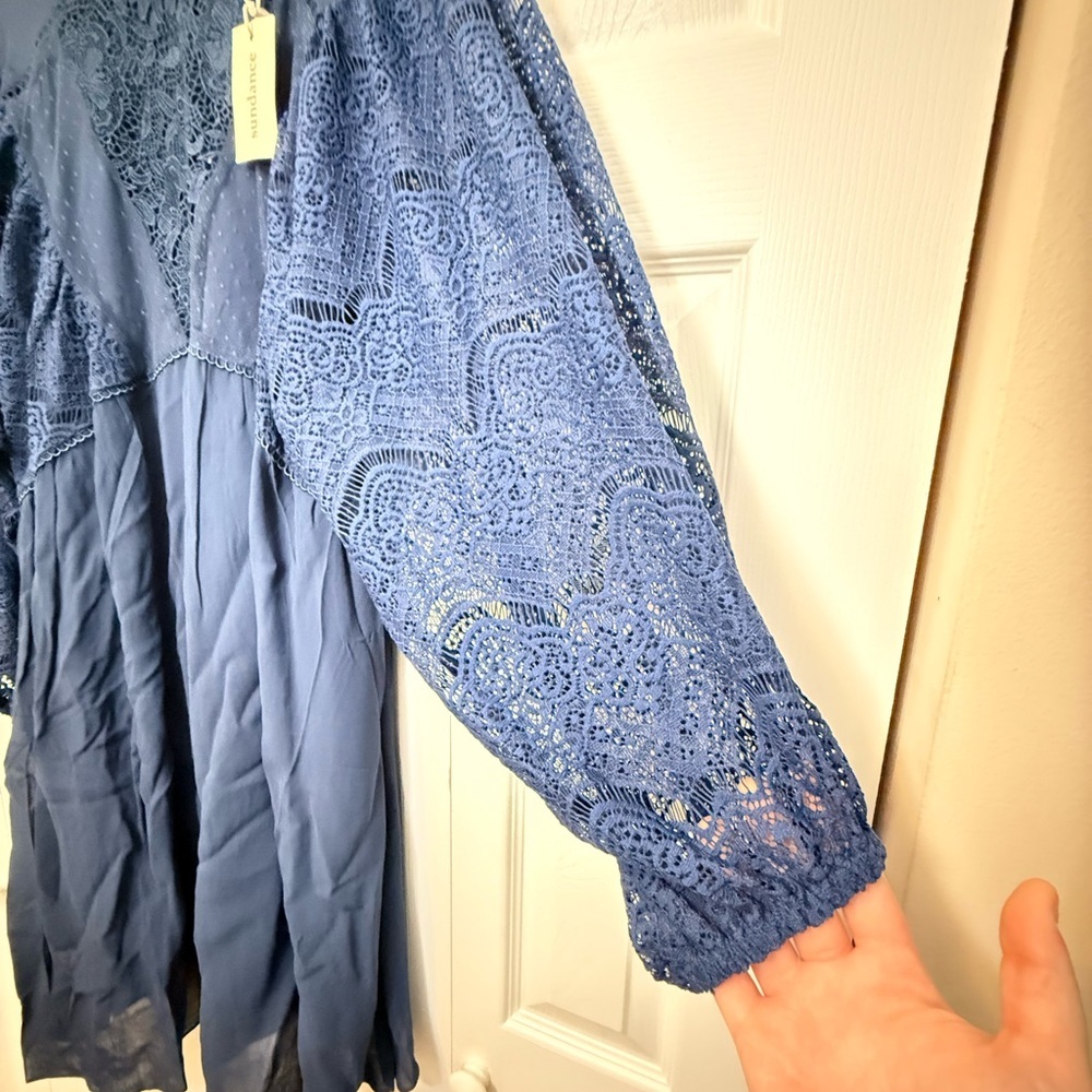 Sundance Blue Lace Boho Dress Size Large NWT Sheer Sleeve Midi - Picture 2 of 8